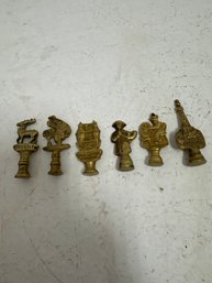 Lot Of  6 Vintage Brass Antique Brass Pipe Tampers. These Small, Figural Tools Were Used To Press Tobacco