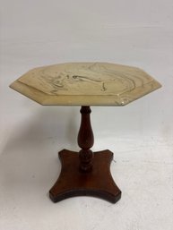 Mid-century Modern Wooden Pedestal Side Table With A Hexagonal Travertine Or Marble Top.