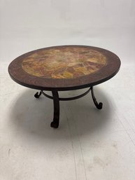 Mid-century Modern Brutalist Wrought Iron And Multi-colored Slate Or Onyx Coffee Table.