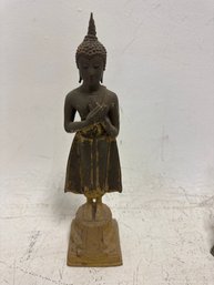 Thai Bronze Standing Buddha Statue In The Sukhothai Style, Depicting The Buddha In The Posture Of Carrying An