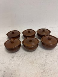 Vintage Mid-century Ceramic Lidded Onion Soup Or Au Gratin Casseroles.