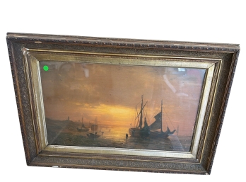 Antique Oil On Canvas Painting Depicting A Harbor Scene Signed J. Piron'