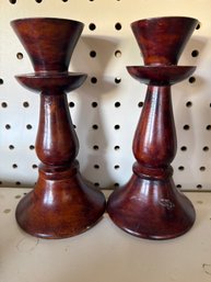 Pair Of Vintage Turned Wood Candlesticks With A Dark Brown Finish