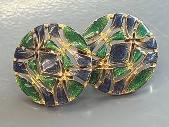 Vintage Blue And Green Enamel Clip-on Earrings In A Gold-tone Setting