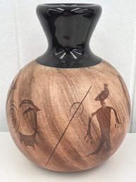 Hand Etched Navajo Pottery Vase By Artist Dwayne Blackhorse Featuring A Woodgrain And Traditional Figures