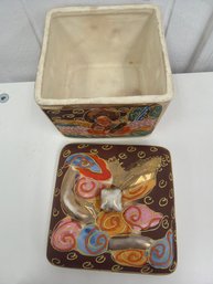 Vintage Japanese Porcelain Satsuma Trinket Box With A Lid Hand-painted In A Multi-color Design With Gold