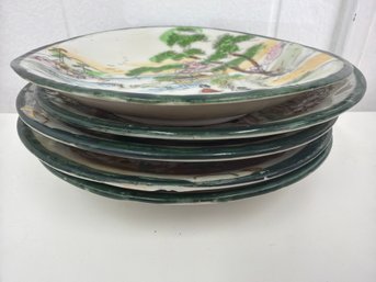 Set Of Vintage Hand-painted Japanese Porcelain Saucers With A Green Rim And A Landscape Scene.Plates