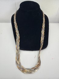 Vintage Tri-tone Braided Herringbone Chain Necklace Featuring Woven Gold, Silver And Rose-colored Strands