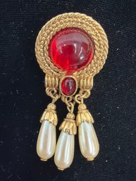 Pin1928 Brand Vintage-style Gold-tone Brooch Featuring A Red Glass Cabochon Stone And Dangling Faux Pear