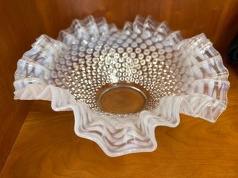 Vintage Fenton Glass Hobnail Bowl With A Ruffled Edge Featuring An Opalescent Or Moonstone Finish