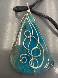 Blue Agate Slice Necklace Featuring Wrapped Design Crafted From A Natural Polished Stone Pendant