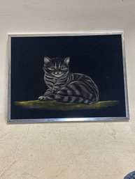 Image Features A Vintage-style Velvet Painting Of A Tabby Cat With Green Eyes.