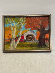 A Framed Vintage Oil Painting Of A Covered Bridge In A Fall Landscape Signed