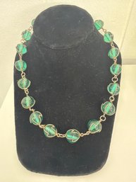 Vintage Murano Glass Bead Necklace Featuring Green Glass Beads Wrapped In Gold-tone Wire