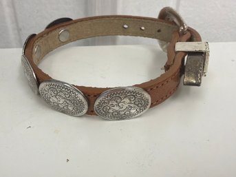 Brown Western Style Leather Embossed Silver-toned Concho Ornaments Bracelet