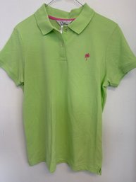 Green Lily Lullitzer Island Polo Shirt Featuring A Pink Embroidered Palm Tree Logo