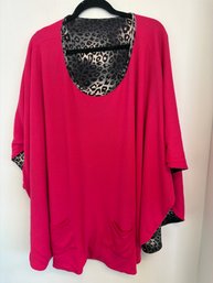 Iman Pink Layered Jersey Reversible  Poncho Tunic Top Featuring A Leopard Print On The Reversible Side