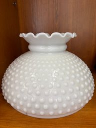 Vintage Fenton Art Glass Lamp Shade Features White Hobnail Pattern On Milk Glass With A Ruffled Crimped Top