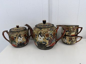Japanese Satsuma Moriage Tea Set Featuring Intricate 'raised Enamel' Decoration