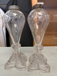 Pair Of Antique Whale Oil Lamps Featuring Free-blown Etched Glass Fonts With A Grape And Vine Pattern