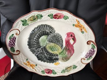 1970 California Pottery Thanksgiving Turkey Serving Dish Featuring A Raised Relief Design