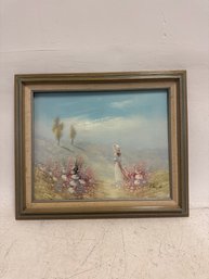 Vintage Oil Painting On Canvas Featuring A Woman In A White Dress And Hat Standing In A Floral Field, Commonly