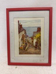 Vintage Framed Print Or Postcard Depicting 'Down-a-Long,' The Famous Steep Cobblestone Street In The Village O