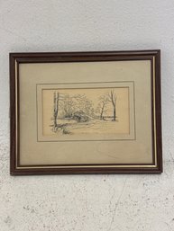 Vintage Art Print Or Etching Titled 'Old North Bridge - Concord' By Artist C.M. Goff, Dated 1968.