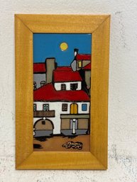 Vintage Framed Ceramic Wall Tile Featuring A Spanish Street Scene, Signed By Artist Guillermo Saint Germier.