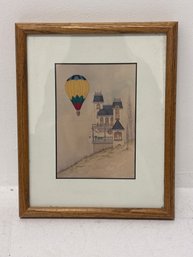 Framed Watercolor Print Depicting A Whimsical Hot Air Balloon Floating Near A Victorian-style House, Similar T