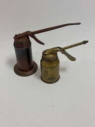 Vintage Plews Metal Oil Cans, Designed For Lubricating Machinery And Automotive Parts.