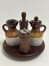 Vintage Stoneware Condiment Set Featuring A Revolving Wooden Lazy Susan Base