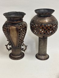 Vintage-style Decorative Brass Items Appear To Be Pierced Incense Burners Or Candle Holders Designed With An A