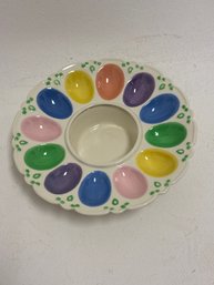 Vintage Ceramic Deviled Egg Serving Platter Features Twelve Colorful, Egg-shaped Indentations And A Central We