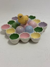 Vintage Ceramic Easter Egg Serving Dish Features A Central Yellow Chick Figurine Surrounded By 12 Pastel-color