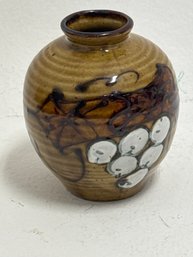 Japanese Studio Art Pottery Vase Featuring A Brown Glazed Body With White Decorative Spots.