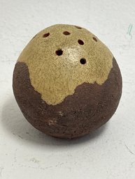 A Vintage Handmade Stoneware Sphere Vase, Often Referred To As A Flower Frog, Featuring A Two-toned Beige And