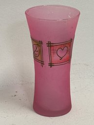 Collectible Pink Frosted Glass Vase Featuring Decorative Swirls Within Square Outlines.