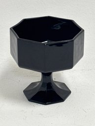 Vintage Arcoroc Octime Black Glass Footed Pedestal Bowl Featuring A Distinctive Octagonal Shape.