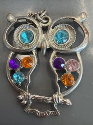 Vintage Style Silver Tone Owl Pendant Necklace Adorned With Multicolored Faceted Crystals