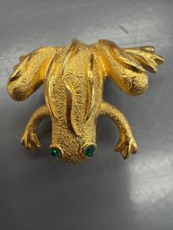 Vintage Napier Frog Brooch Likely Featuring A Textured Gold-tone Metal And Green Rhinestone