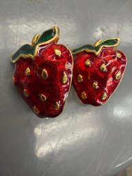 Vintage Red Enamel Strawberry Clip-on Earrings