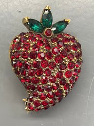 Vintage 1960s Rhinestone Strawberry Brooch Ruby Red Crystsl Pave