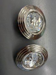 Vintage Clip-onearrings Featuring Large Faceted Rhinestones In A Circular Textured Setting
