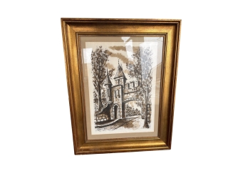Framed Charcoal Drawing Titled 'la Porte St Louis By Artist C De Chavigny Featuring A Quebec City Scene