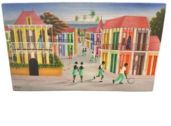 Vibrant Haitian Street Scene Naive Folk Art