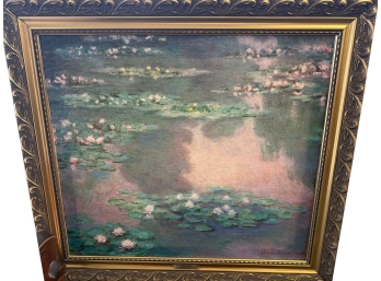 Framed Reproduction Of Claude Monet's Water Lillies Painting Featuring Hand-painted Oil Accents On Canvas