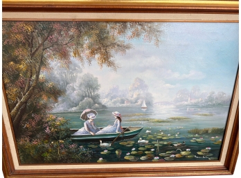 Framed Impressionistic Oil Painting On Canvas  Depicting 'two Girls In A Boat ' By William Hodges