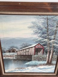 Framed Original Oil Painting By Artist Kevin Michaelson Depicting A Red Covered Bridge In A Wintry Landscape