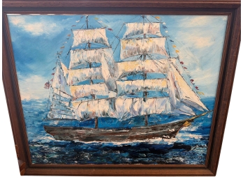 Vintage Impressionist Style Oil Painting On Canvas Depicting A Sailing Or Clipper Ship With A Maritime Scene